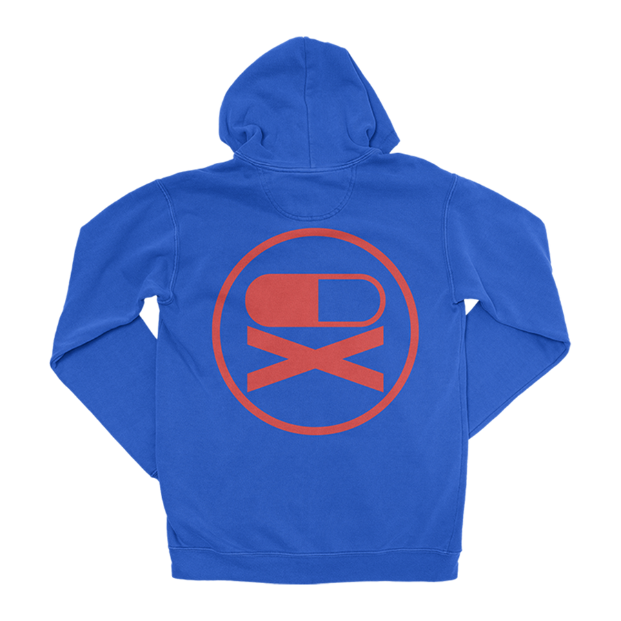 Royal blue zip up hoodie with front Dead Pegasus logo, right arm Party Poison sleeve graphic, left sleeve MCR writt graphic, and Party Poison log back graphic.