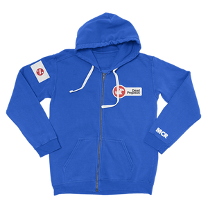 Royal blue zip up hoodie with front Dead Pegasus logo, right arm Party Poison sleeve graphic, left sleeve MCR writt graphic, and Party Poison log back graphic.