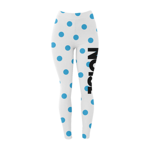 White leggings with blue polka dot pattern and NOISE in black all caps lettering.